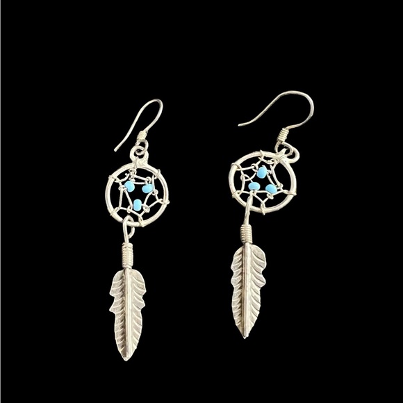 VTG 925 Sterling Silver Faux Turquoise Dream Catcher Feather Dangle Drop Earring - Picture 1 of 6